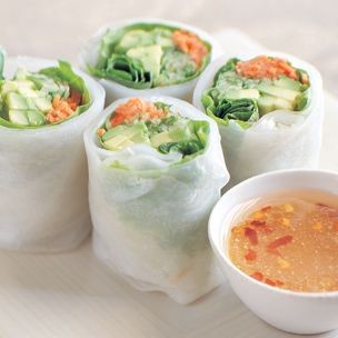 Cucumber and avocado summer rolls with mustard-soy sauce