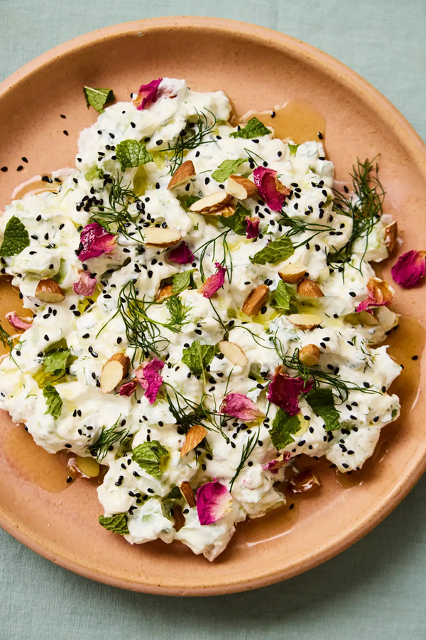 Cucumber and feta yoghurt with dill, almonds and rose (khyar bil laban)