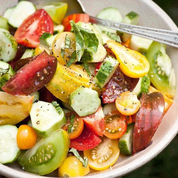 Cucumber and heirloom tomato salad