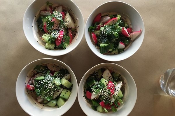Cucumber and radish salad with harissa yogurt