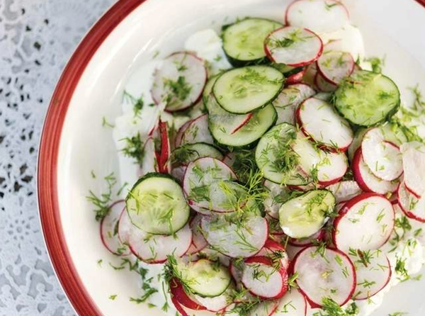 Cucumber and radish salad with fresh cheese