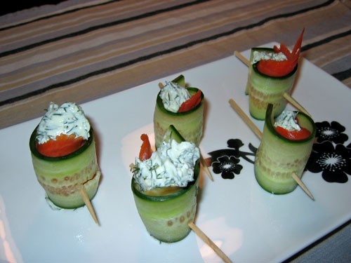 Cucumber and smoked salmon rolls with dill cream cheese
