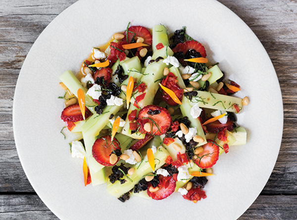 Cucumber and strawberries with Calabrian chile and cured black olive relish,  pine nuts, and chèvre