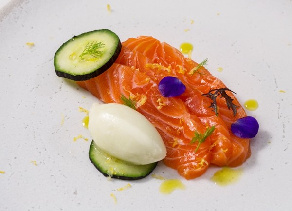 Cucumber and yoghurt sorbet with citrus-cured salmon, charred cucumber and pickled cucumber
