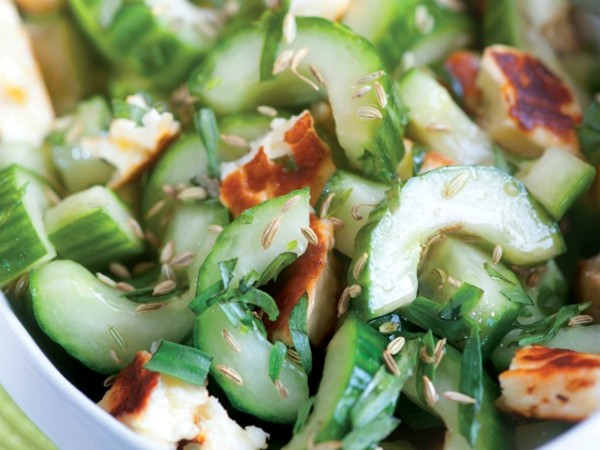 Cucumber halloumi salad with licorice notes