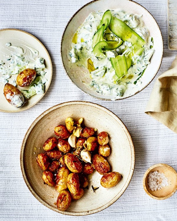 Cucumber, herb and garlic yogurt with mini roast potatoes