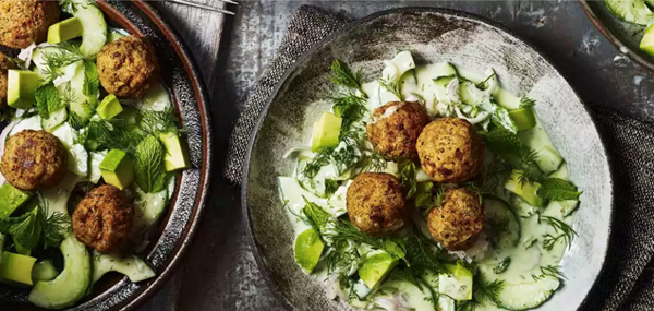 Cucumber kefir and falafel salad