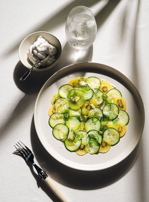 Cucumber, kiwifruit and fennel salad with green chilli and coconut labneh