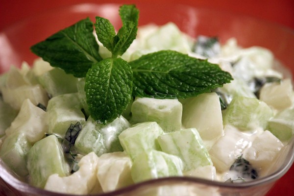 Cucumber, onion, and mint salad