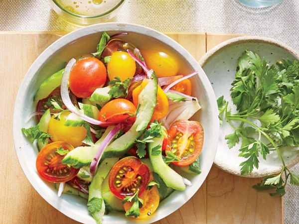 Cucumber, onion, and tomato salad