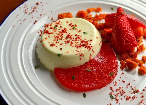 Cucumber panna cotta with strawberries, lemon thyme and honeycomb