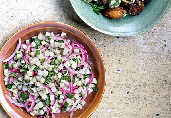 Cucumber, pear, and sumac-onion salad