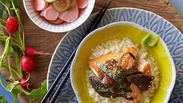 Cucumber, radish & daikon pickles with green tea rice and salmon