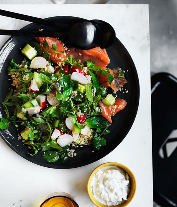 Cucumber, radish and quinoa salad with ocean trout and yoghurt