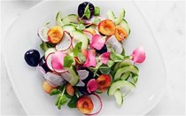 Cucumber, radishes & cherries with rose petals