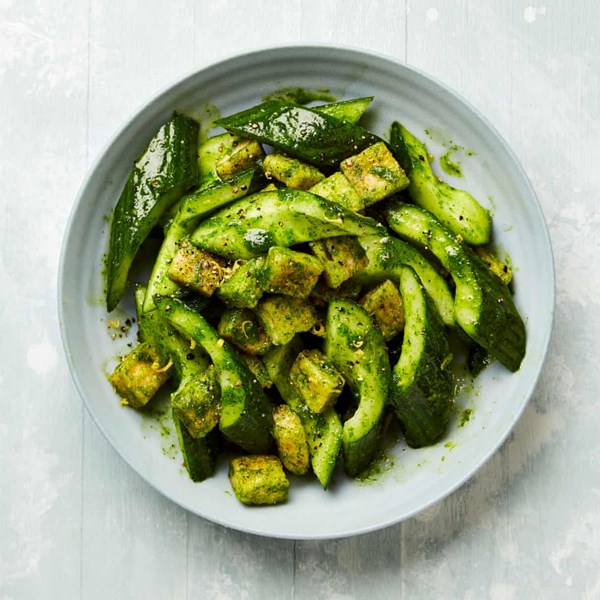 Cucumber salad with brown butter croutons