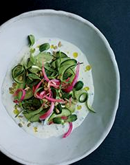 Cucumber salad with buttermilk dressing and pickled onion