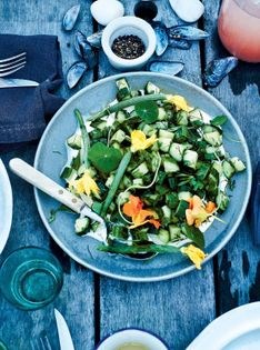 Cucumber salad with nasturtiums 