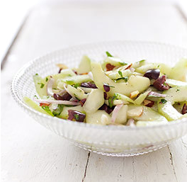 Cucumber salad with olives, oregano, and almonds