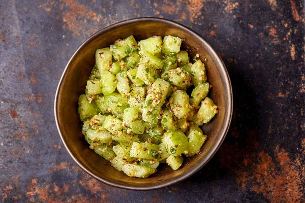 Cucumber salad with peanuts and cumin-mustard tarka