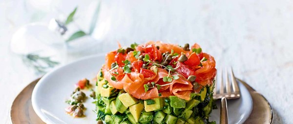 Cucumber, smoked salmon and avo stacks