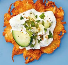 Cucumber-yogurt topped latkes