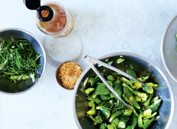 Cucumbers with scallions and chili oil