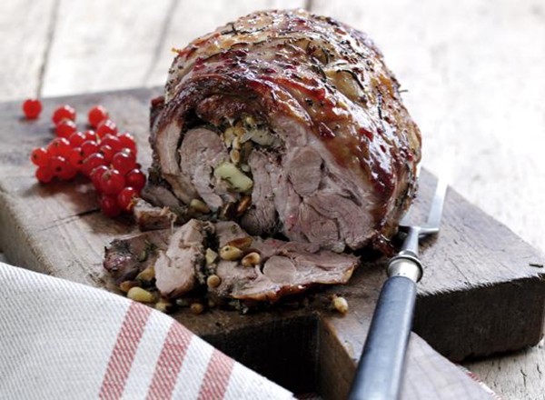 Cumberland glazed rolled shoulder of lamb with apple and pine nut stuffing