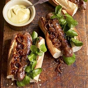 Cumberland sausage hot dogs with beery onions