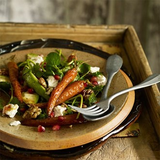 Cumin & coriander roasted carrots, labneh & avocado with pomegranate dressing