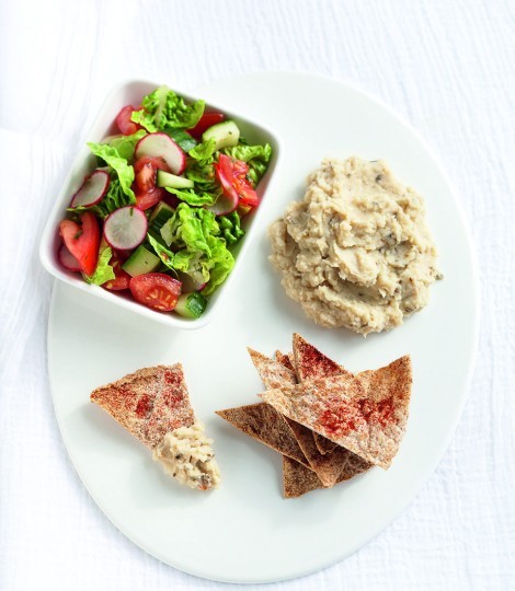 Cumin and butter bean houmous, paprika pitta crisps and mixed salad