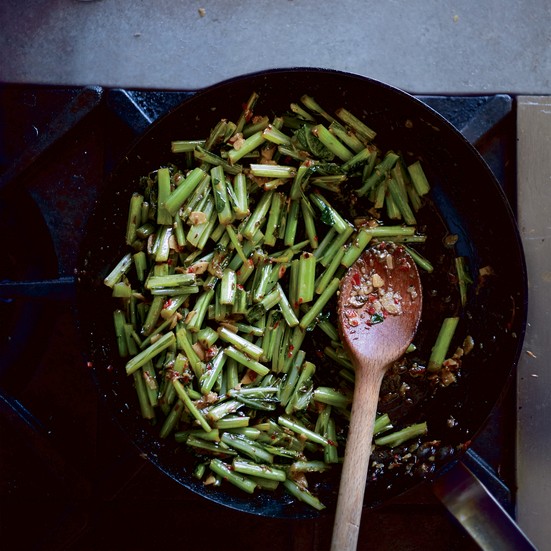Cumin-and-chile-braised collard green stems