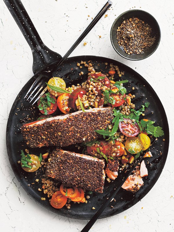 Cumin, coriander and chia-crusted salmon and buckwheat salad