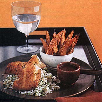 Cumin-dusted sea bass on green rice