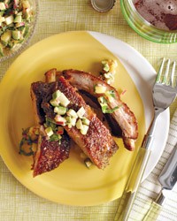 Cumin-glazed ribs with avocado-pineapple salsa