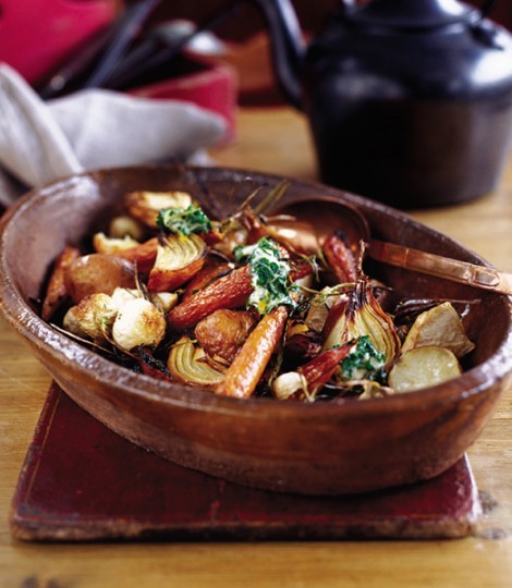 Cumin-roasted winter roots with parsley and lemon butter