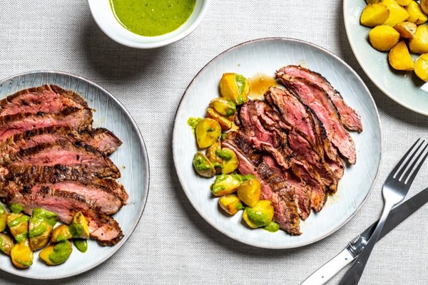 Cumin-rubbed flank steak with chimichurri potatoes