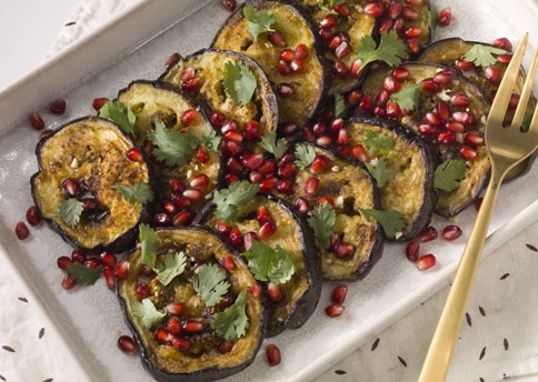 Cumin-scented eggplant with pomegranate and cilantro
