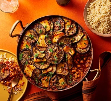 Cumin-scented lamb, aubergine & halloumi hotpot