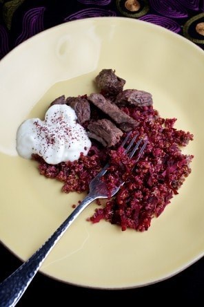 Cumin-scented quinoa with beef and beets