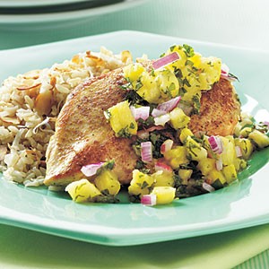 Cumin-seared chicken with pineapple-mint salsa