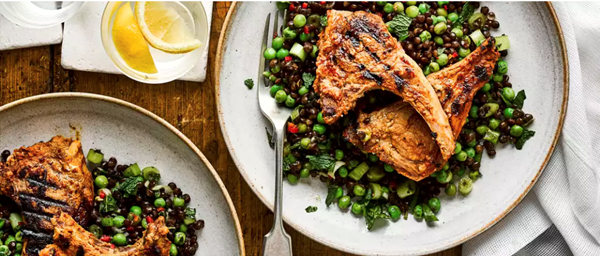 Cumin-spiced lamb with pea and lentil salad