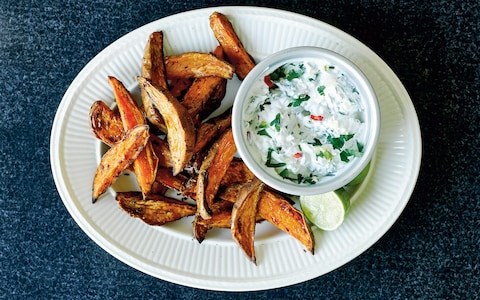 Cumin sweet-potato wedges with coriander and yogurt dressing