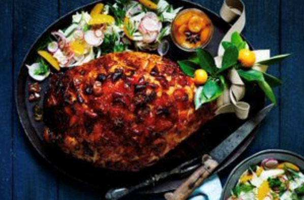 Cumquat-glazed ham with pickled cumquats and salad