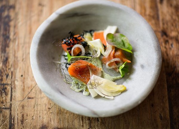 Cured and smoked salmon with oyster emulsion and pickled fennel 