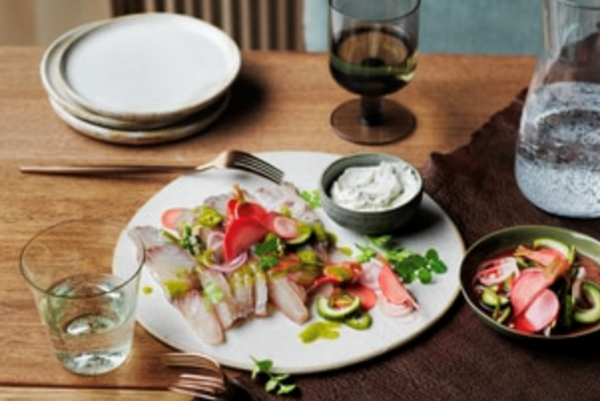 Cured barramundi with pickled vegetables and lemon herb cream