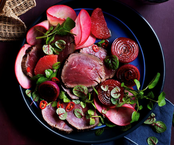 Cured beef with charred sawsawan red onions (Bistek Tagalog)