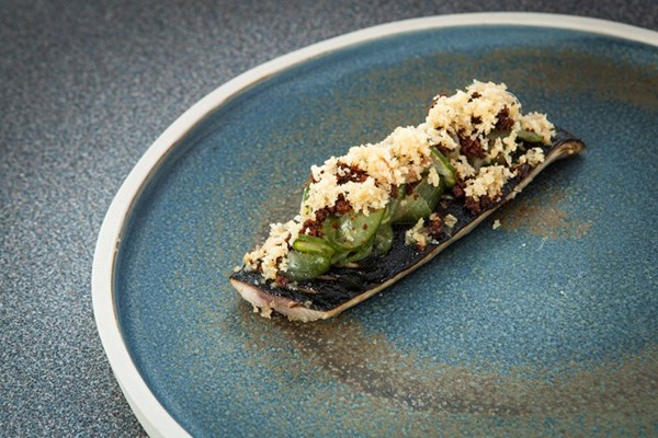  Cured cornish mackerel with 'nduja, cucumber and pork skin
