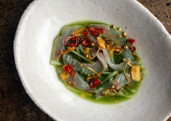 Cured gurnard with camomile and cucumber water