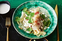 Cured kingfish with pickled ginger and crispy hopper